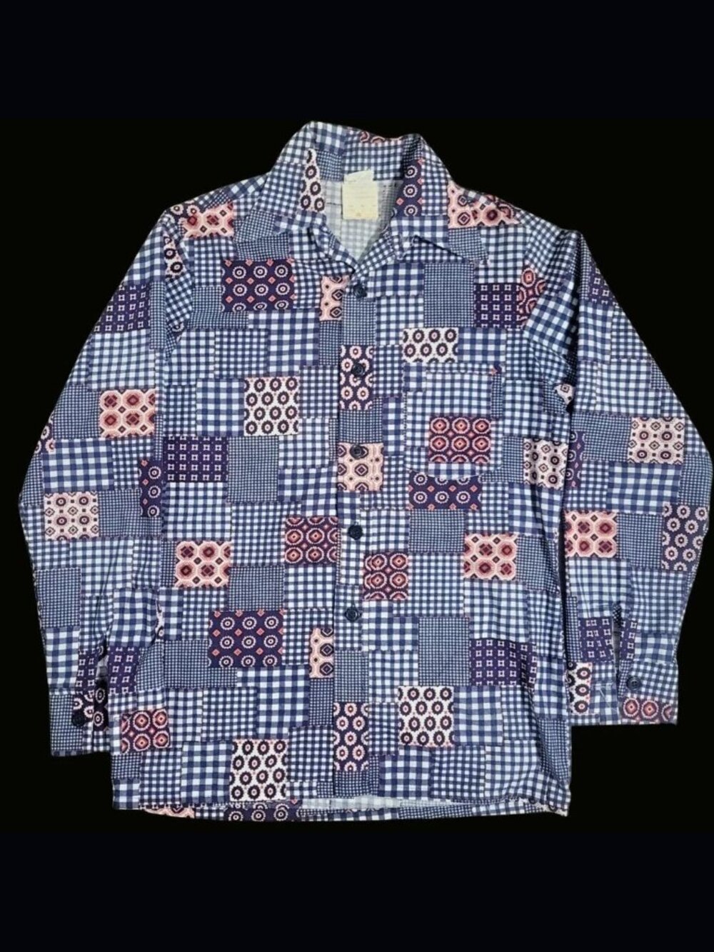 Vintage 70s Corsair Gingham Patchwork Button Up Shirt Men's Small Dagger Collar